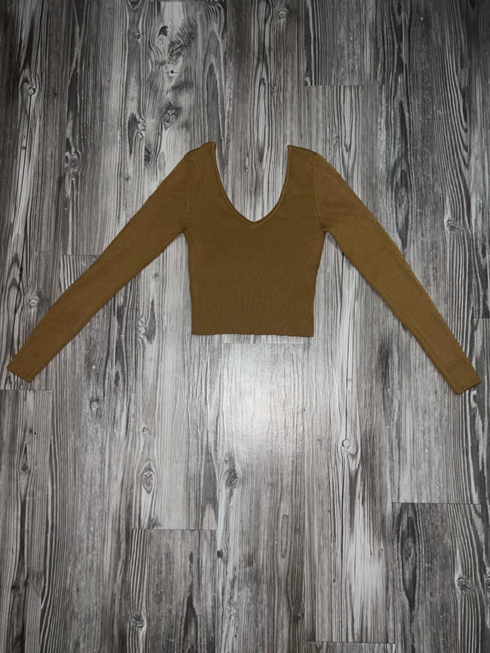 Forever 21 Brown Deep V-Neck Ribbed Long Sleeve Crop Top